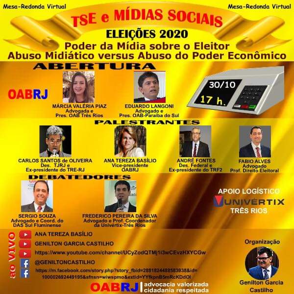 Advogados e desembargadores fazem live sobre o TSE e as mídias sociais.