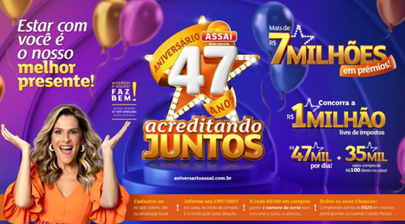 Assaí sorteia mais de r$ 7 milhões em prêmios e doa toneladas de alimentos em sua maior campanha de aniversário
