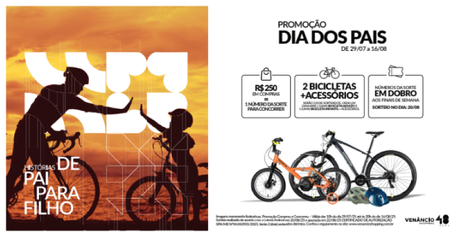 Pedale com o coração: Venâncio Shopping lança promoção de Dia dos Pais com sorteio de bicicletas Dicas